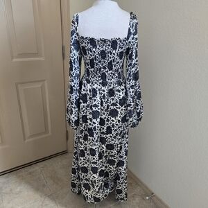 ET CETERA Woman Australian Silk Smocked Bodice Hand Printed Midi Dress OS.